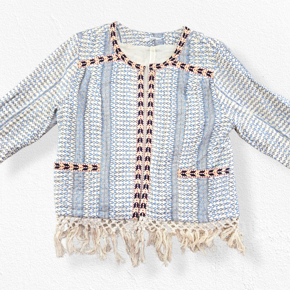 Tularosa Blue White Woven Embroidered Boho Fringe Jacket Open Blazer Size Medium - Picture 2 of 11